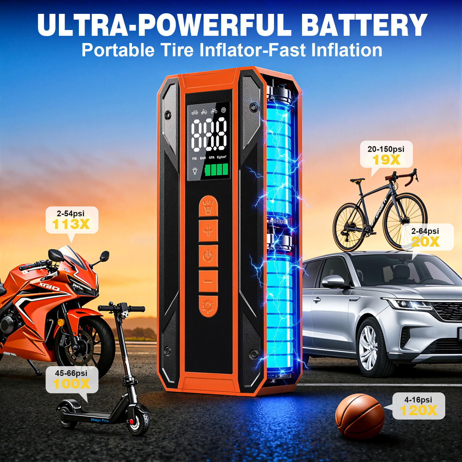 Air Pump Car Jumper Starter Portable Battery Pack With 150PSI Tire Inflator, 12V Jumper Box For Car Charger Battery Booster With LCD Display, 3-Mode Emergency Flashlight thumbnail 6