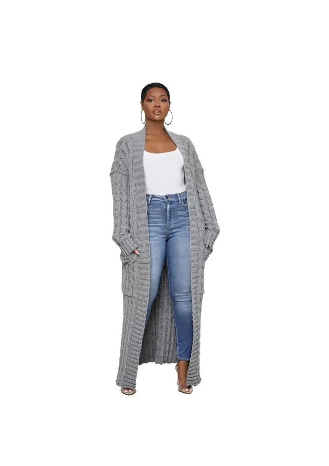 Lazy Pocket Long Twist Sweater Coat Grey - Shop at LoveMi