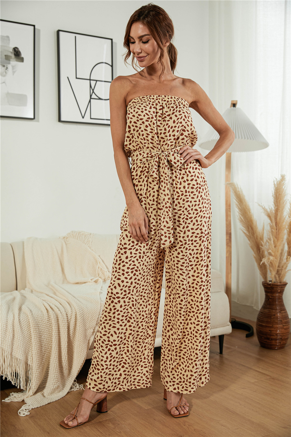 Title 1, Heart-shaped Dot Print Lace-up Wide-leg Jumpsuit