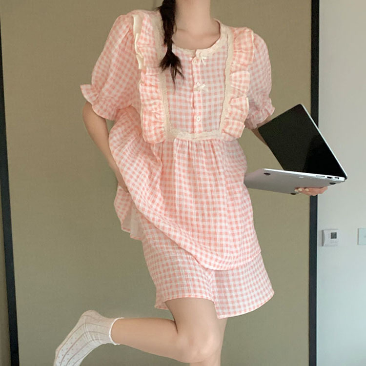 Title 3, Womens Fashionable Cotton Gauze Plaid Ruffle S...