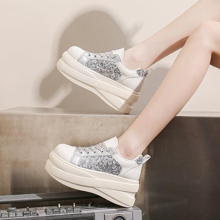 Women Glitter Sequin Panel Platform Sneakers Faux Leather Multi Layer Thick Sole Lace Up Chunky Trainers Round Toe Pull Tab Low Top Sparkly Street Fashion Daily Casual Shoes 3