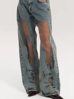 Vintage Straight-leg Hollow Textured Jeans - Blue - View 1