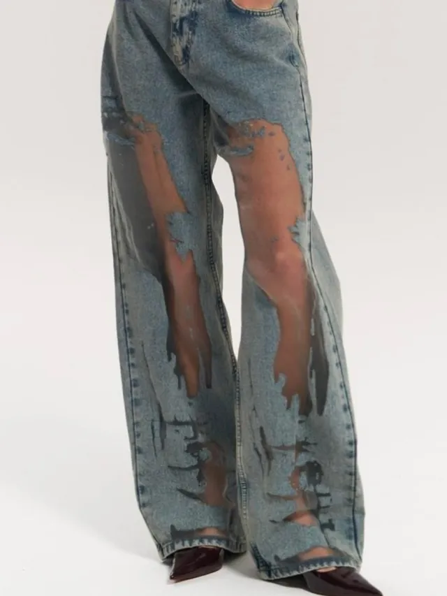 Vintage Straight leg Hollow Textured Jeans Blue - Shop at LoveMi