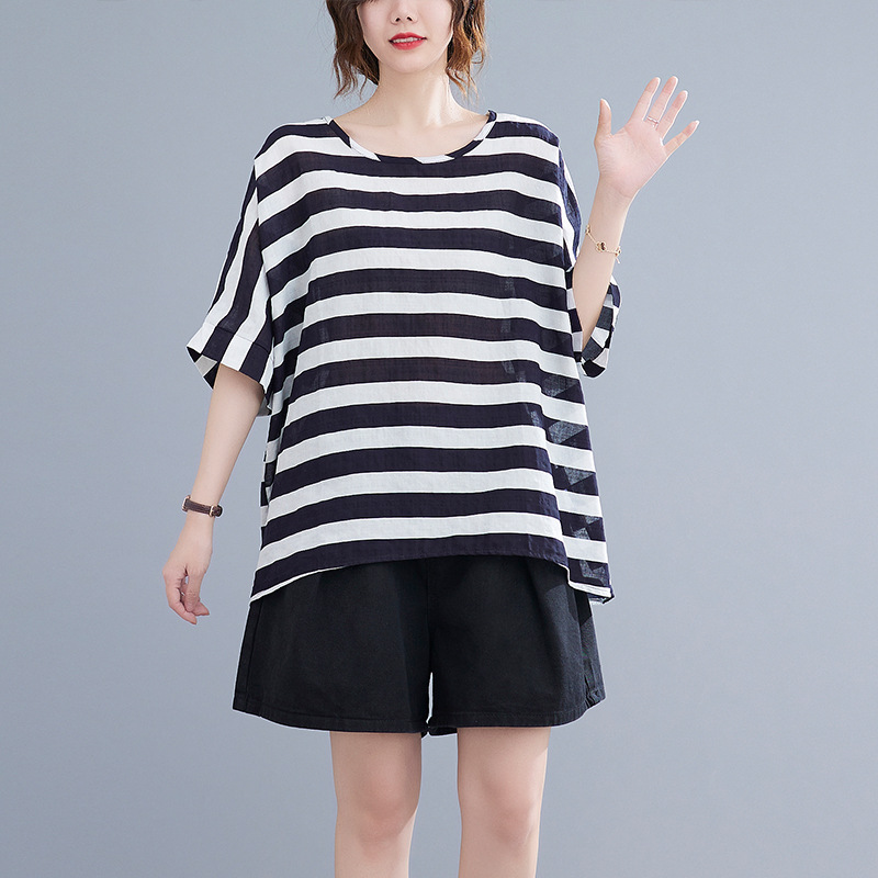 Fat MM Loose Top Women's Striped Shirt