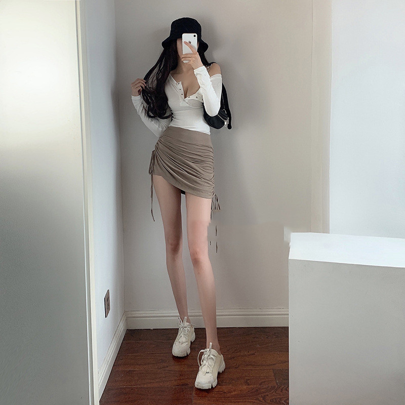 Sexy Pleated Drawstring Slimming Irregular High waisted Culottes With Straps Khaki - Shop at LoveMi