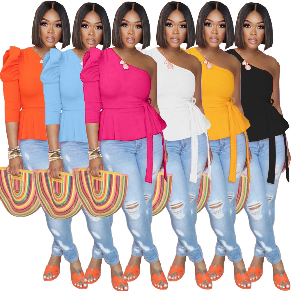 Fashionable Sloping Shoulder Puff Sleeve Top With Straps And Temperament