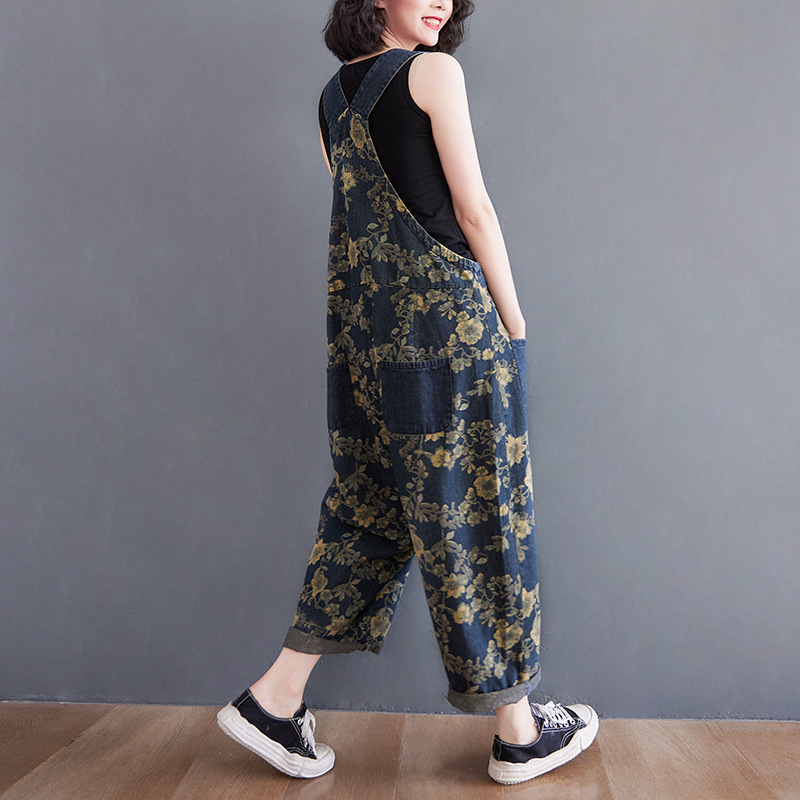 Title 1, Tuta jumpsuit in denim stampato, gamba larga, t...