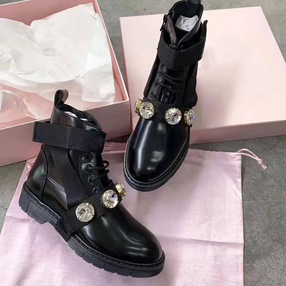Women's Flat Rhinestone Martin Boots And Nude