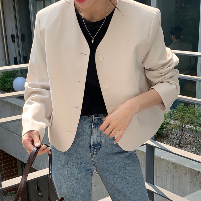 V-neck Single-breasted Loose Straight Long-sleeved Suit Short Jacket