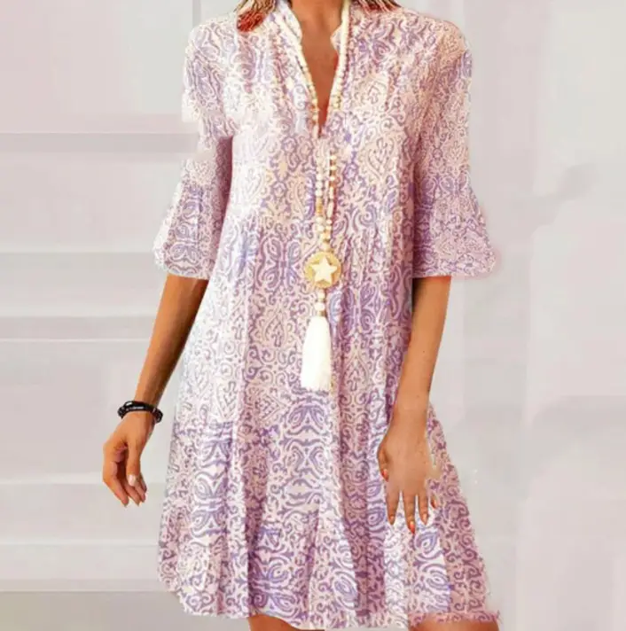 Women's V-neck Loose Half-sleeve Printed Dress