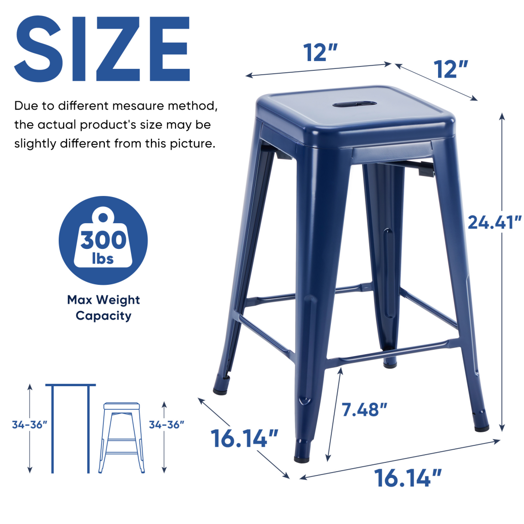 24 Inches Metal Bar Stools Set Of 4, Backless Counter Height Bar Stools For Kitchen, Outdoor Stackable Stools --No Assembly Required