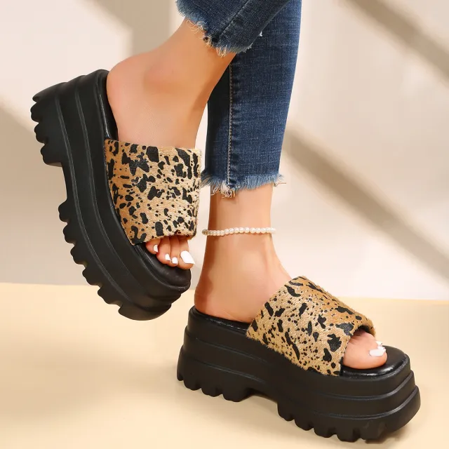 Peep Toe Slipper High Heel Flat Shoes Summer Cow Print Sandals Yellow - Shop at LoveMi