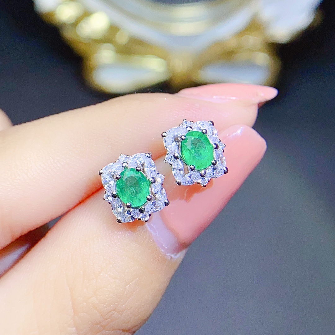 Title 2, S925 Silver Inlaid Natural Emerald Earrings