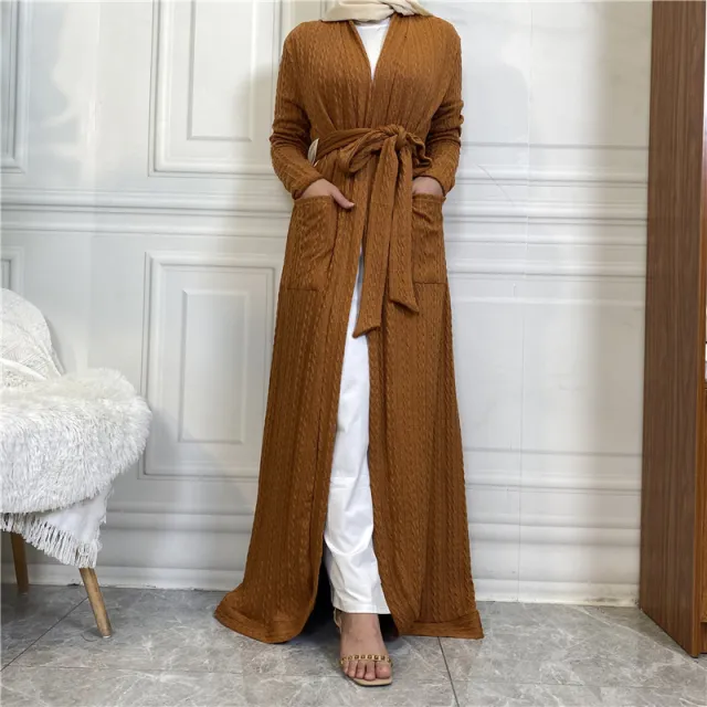 Round Edge Cardigan Sweater Muslim Long Jacket Brown - Shop at LoveMi