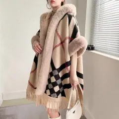 Women's New Loose Plaid And Fleece Collar Knitted Shawl Cape - Black - View 1
