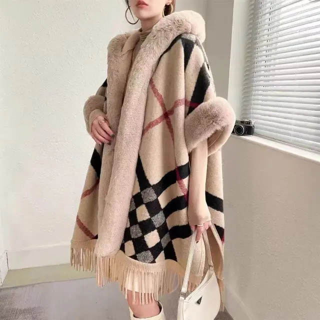 Women's New Loose Plaid And Fleece Collar Knitted Shawl Cape Black - Shop at LoveMi