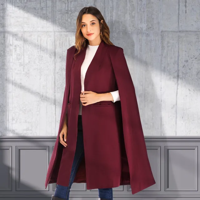 Long Women's Shawl Windbreaker Cloak Coat Wine - Shop at LoveMi