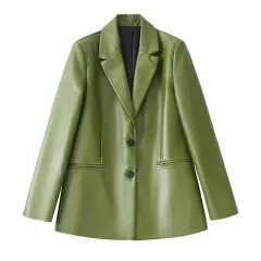 Single Breasted Casual Imitation Leather Suit Jacket Trousers Suit Women - Coat - View 1