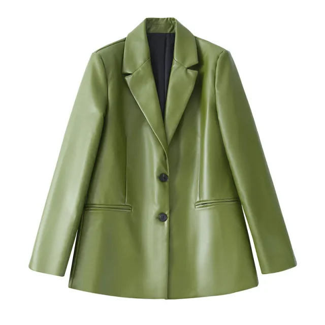 Single Breasted Casual Imitation Leather Suit Jacket Trousers Suit Women Coat - Shop at LoveMi