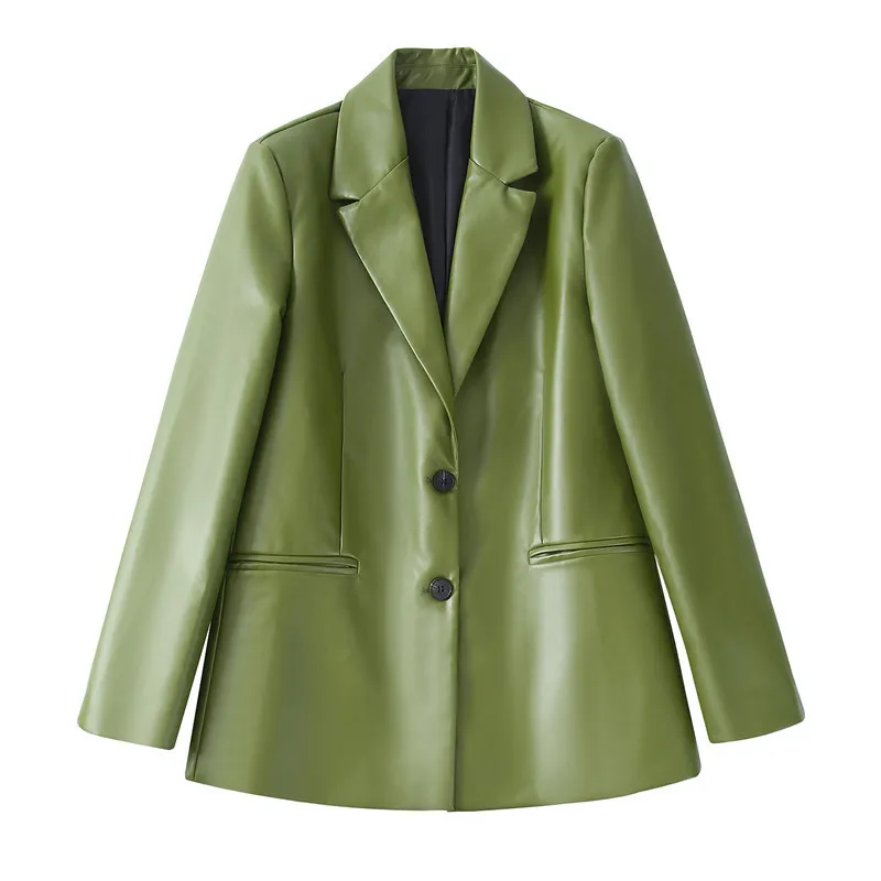 Single Breasted Casual Imitation Leather Suit Jacket Trousers Suit Women - Coat