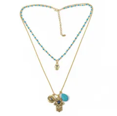 Bohemian Double Layer Rice Beads Turquoise Fatima Palm Necklace Sweater Chain - Gold - View 1