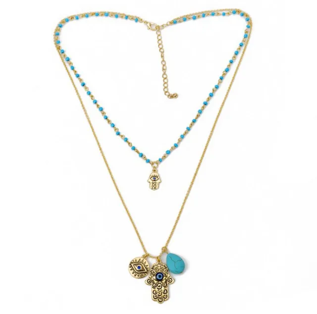 Bohemian Double Layer Rice Beads Turquoise Fatima Palm Necklace Sweater Chain Gold - Shop at LoveMi