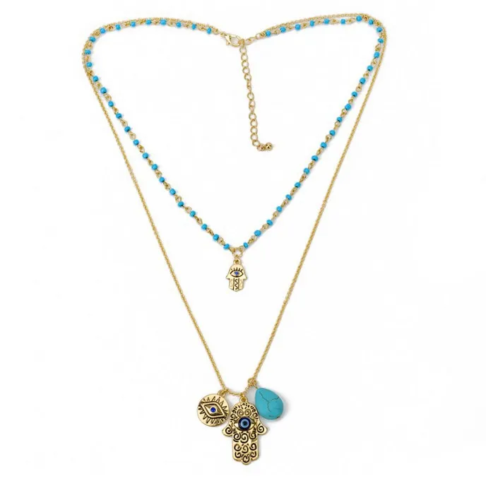 Bohemian Double Layer Rice Beads Turquoise Fatima Palm Necklace Sweater Chain - Gold