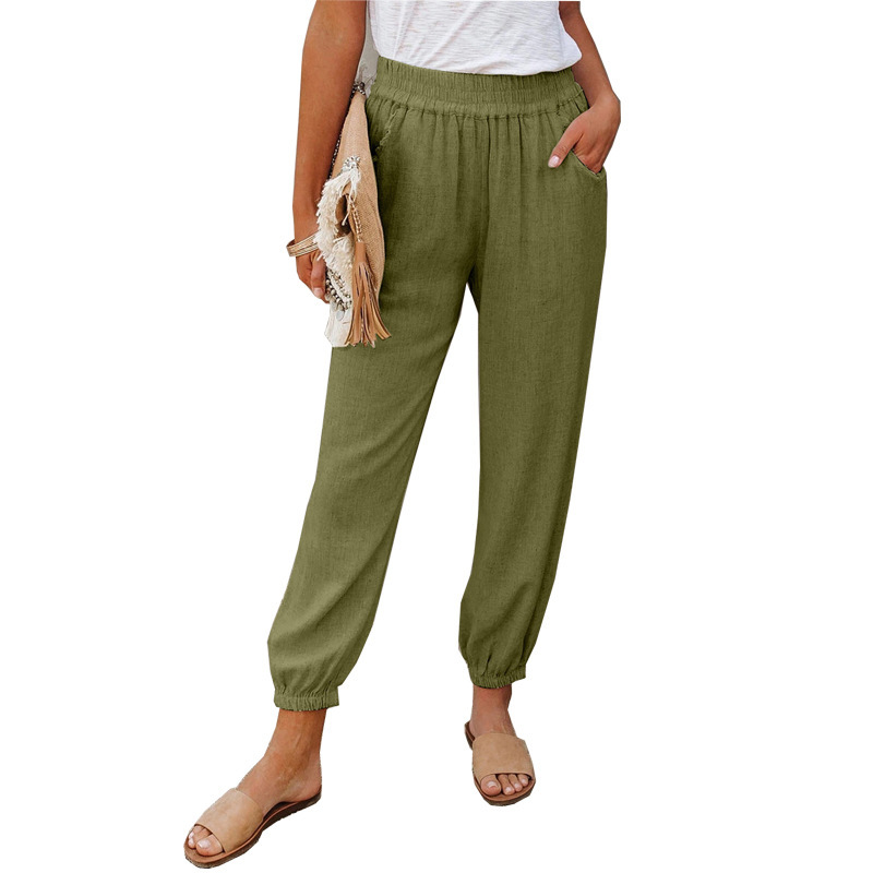 Solid Color Loose Slip Pocket High Waist Cropped Pants Green - Shop at LoveMi