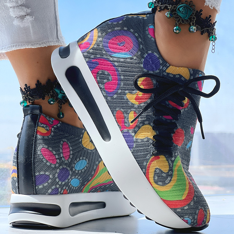 Women's Random Print Side Lace-Up Elastic Sport Shoes, Comfortable Slip-On Sneakers For Women, Casual Daily Wear Footwear — foto 4