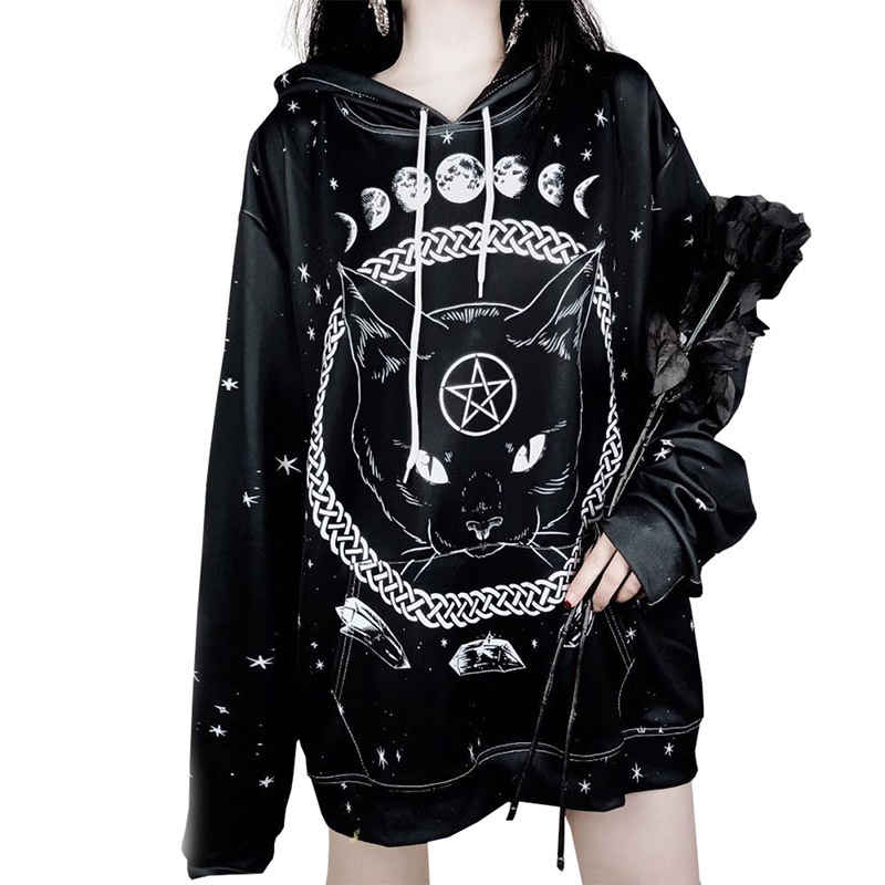 Title 2, Street Gothic Cat Print Loose Hooded Sweater