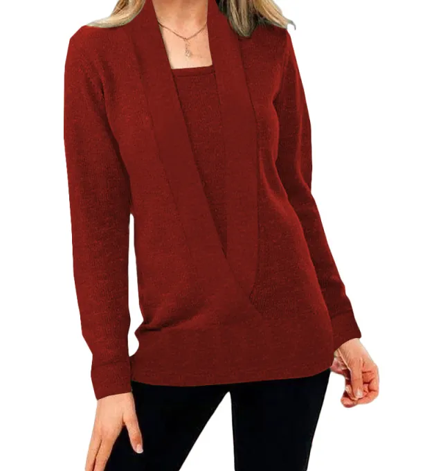 Knitted Solid Color Deep V neck Long Sleeved Sweater For Women Wine Red - Shop at LoveMi