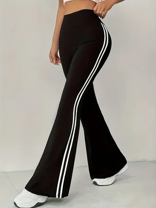 Striped Contrast Color Sports Flared Pants For Women High Waist Tummy Control All-match High Elastic Women's Pants - Black