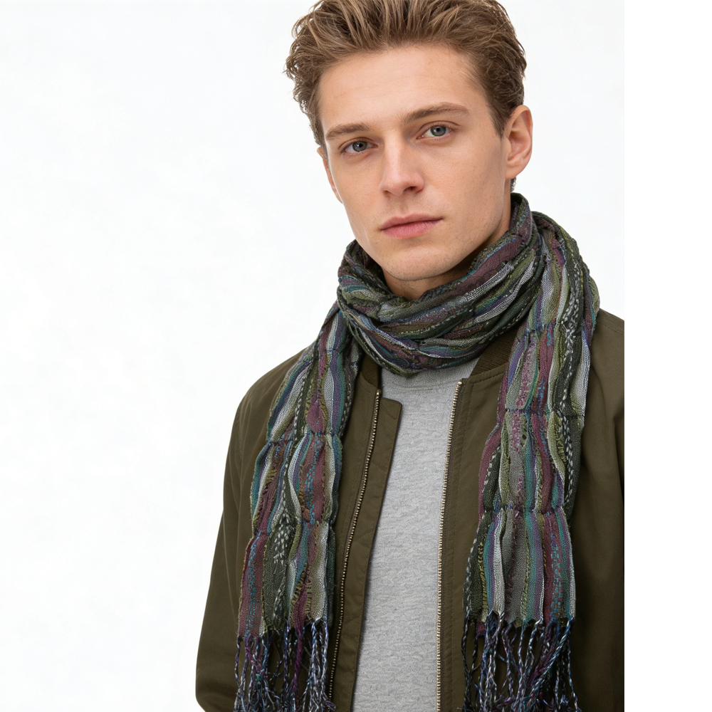 Olive Jacquard Crinkle Scarf - Textured Utility Scarf 70inchx29inch_voghion.com