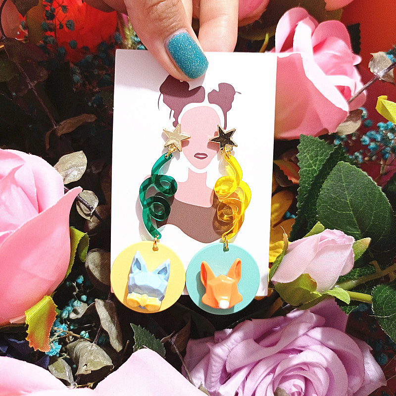 Cute Orange Blue Little Fox Resin 925 Silver Earrings