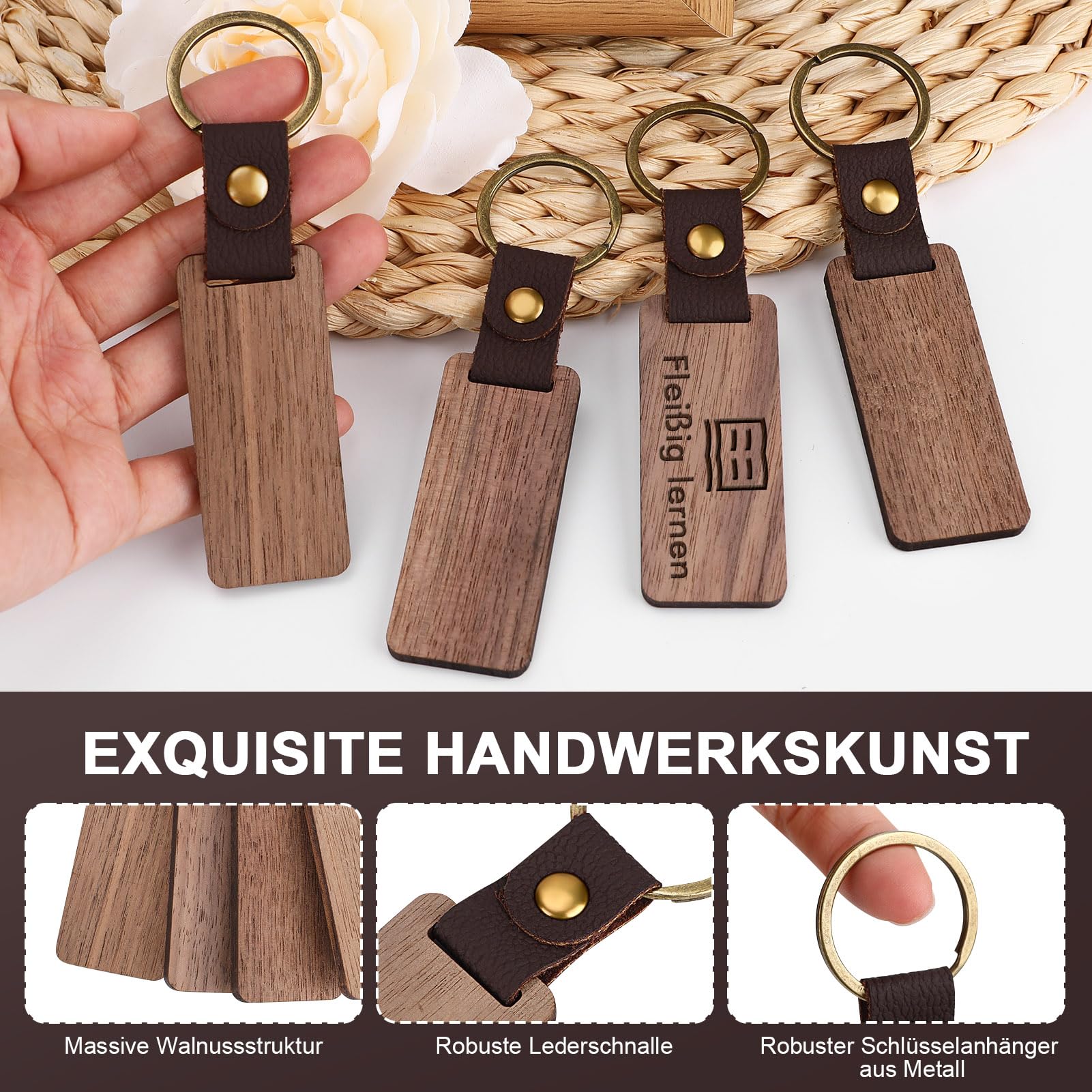Pack Of 12 Wooden Key Chains Rectangular Fob Made Of Wood And Leather Blanks — image 2