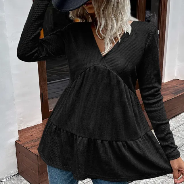 Loose Casual Solid Color V Neck Long Sleeve Tata Top Black - Shop at LoveMi