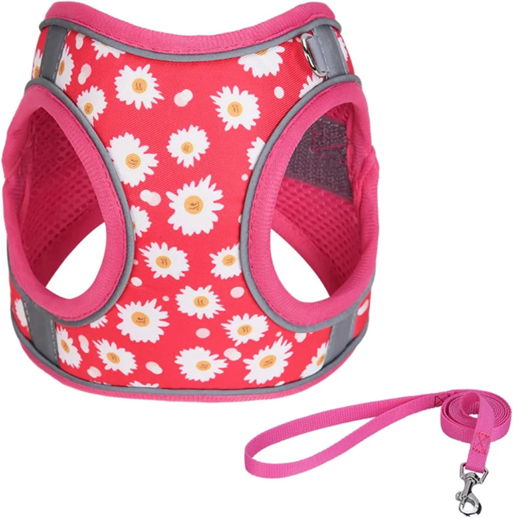 Step In Dog Harness No Pull Flower Adjustable Soft Mesh Padded Reflective Pet Vest Harness And Leash Set For Small Medium Dogs - Pink