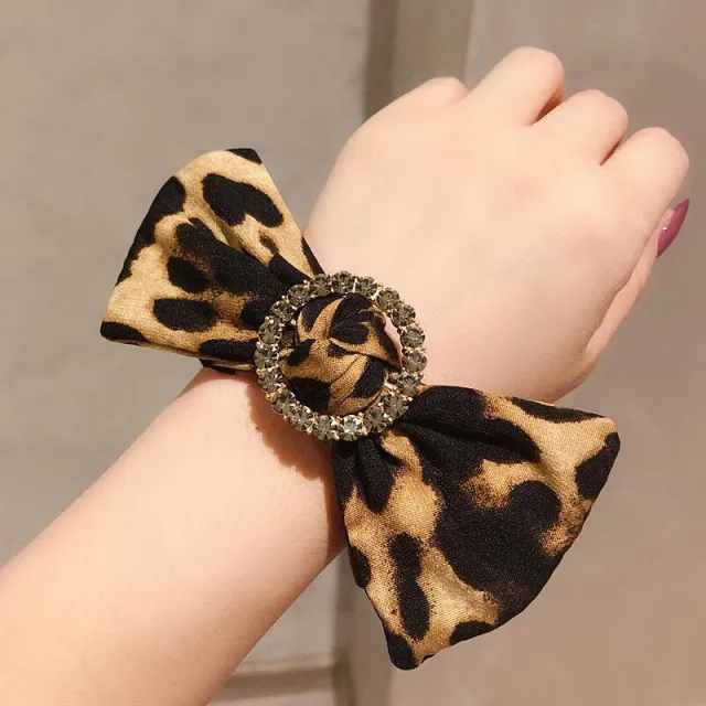 Rhinestone Bowknot Hair Tie Fabric Head Strap Trinket Big Leopard - Shop at LoveMi