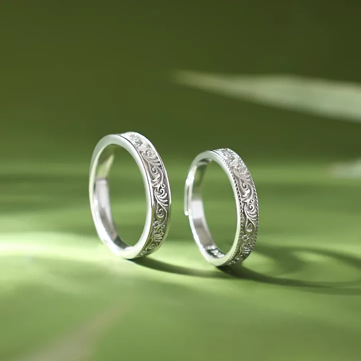 1 Pair 999 Sterling Silver Tang Grass Engraved Couple Rings, Retro Elegant Style, For Daily Wear & Valentine's Gifts