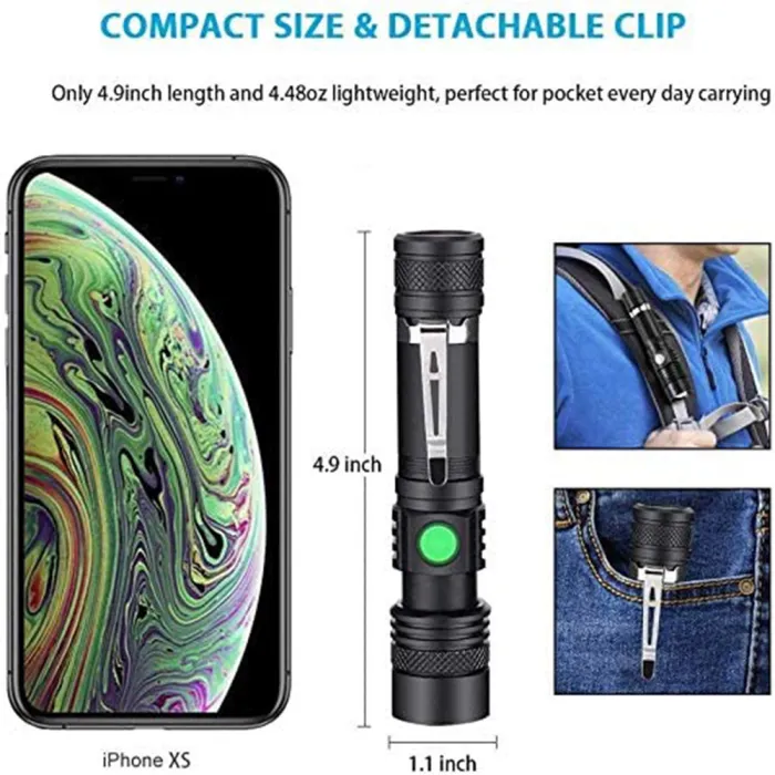 Rechargeable LED Zoom Flashlight Kit, Aluminum Pocket Torch with 18650 Battery and USB Cable for Camping, Car and Home - detail photo 5