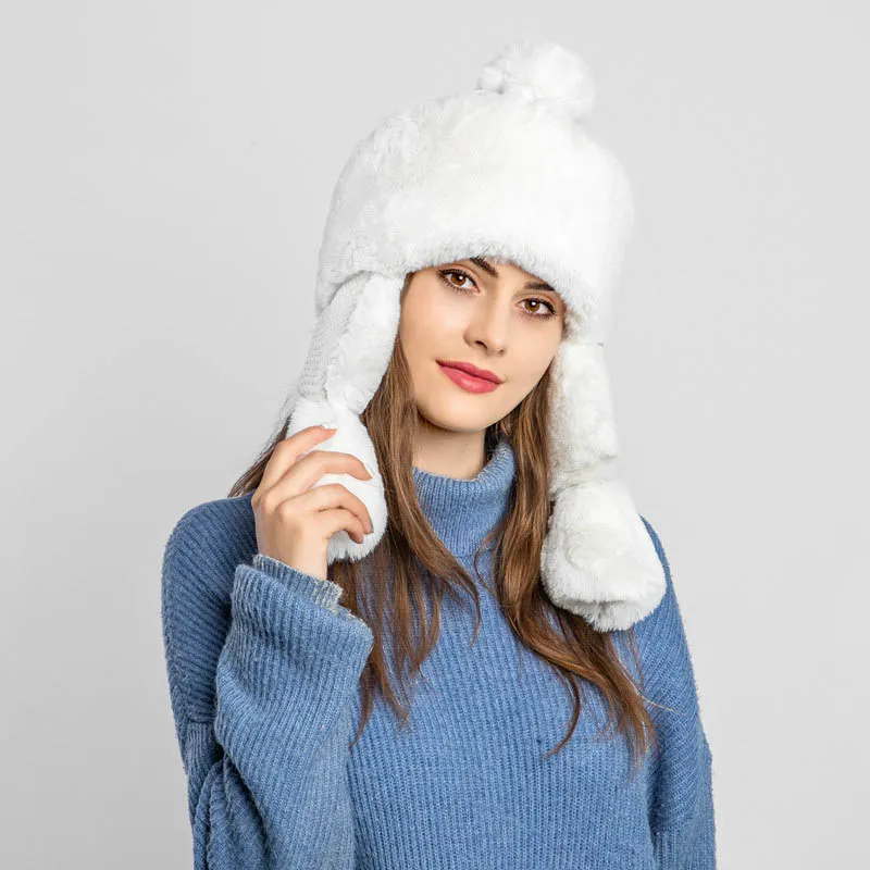 Adult Rabbit Fur Earmuffs And Fleece Lei Feng Hat - White