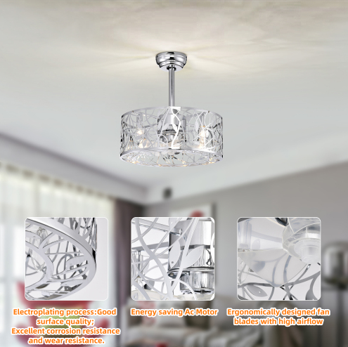 18'' Decor Forward Reverse 5 Blades Ceiling Fan Lamps,Cage Closed Industrial Style Vintage Fan Ceiling Fan With 3 Speeds Adjustable For Living Room, Bedroom, Kitchen--Chrome — foto 7