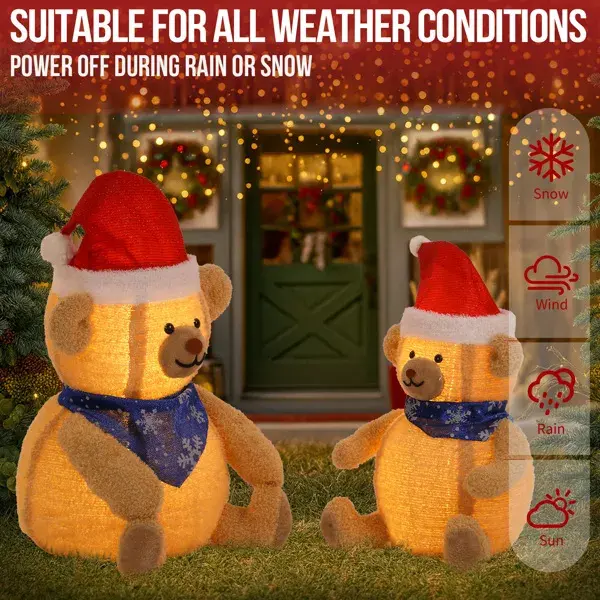 Set Of 2 Lighted Plush Bear Christmas Decorations, Pre-lit Pull Up Holiday Decor With 60 Warm White LED Lights For Xmas Outdoor Indoor Decor Lighted Holiday Dis
