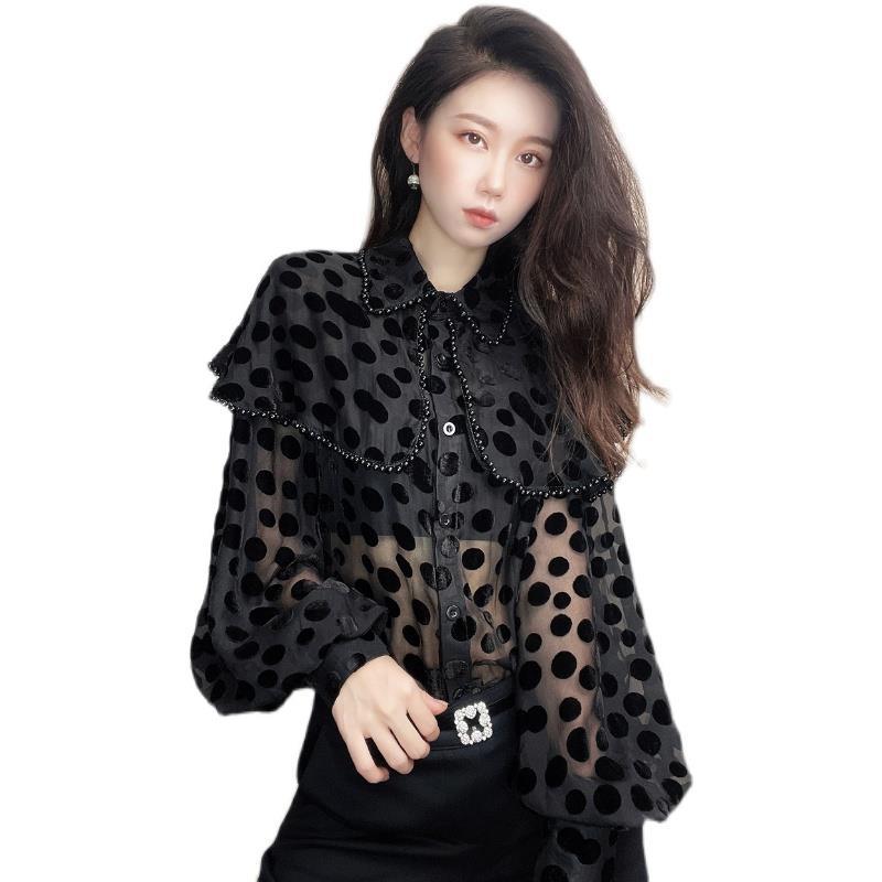 Title 7, Hollow Sexy Polka Dot Velvet Shirt Women Pearl ...