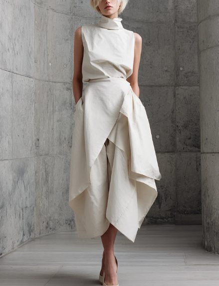 Architectural Origami Two-Piece Co-ord Set-High-Neck Sculptural Top & Asymmetrical Skirt