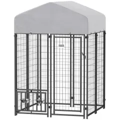 Welded Wire Outdoor Dog Kennel With 360 Rotating & 4 Levels Adjustable Bowls, Waterproof Cover, 3.9 X 3.9 X 6 - Grey - View 1