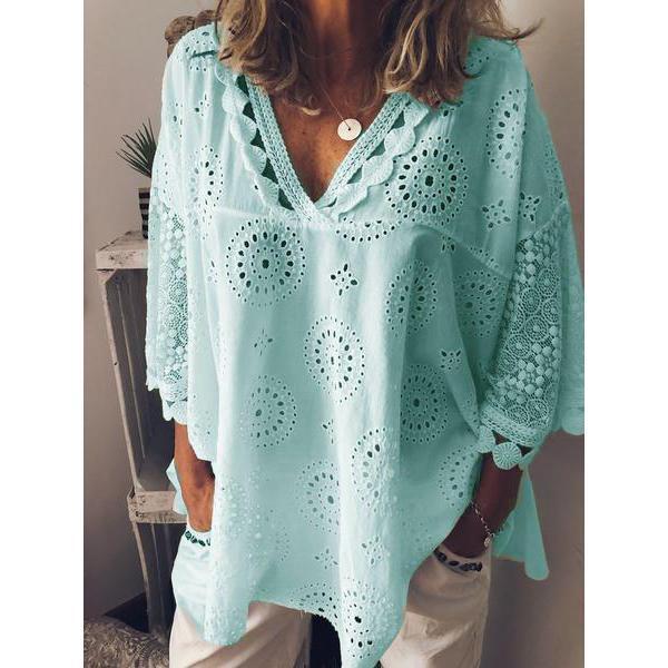 Women's Plus Size Casual Pierced Embroidery European And Beautiful Shirt Green - Shop at LoveMi