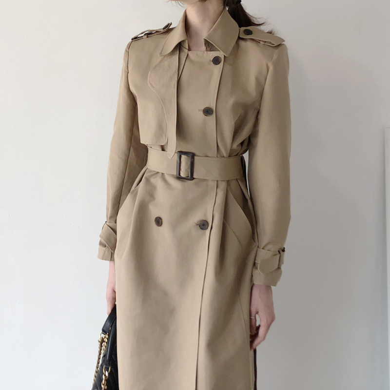Lapel Double Breasted Nipped Waist Straight Over-the-Knee Mid-Length Trench Coat