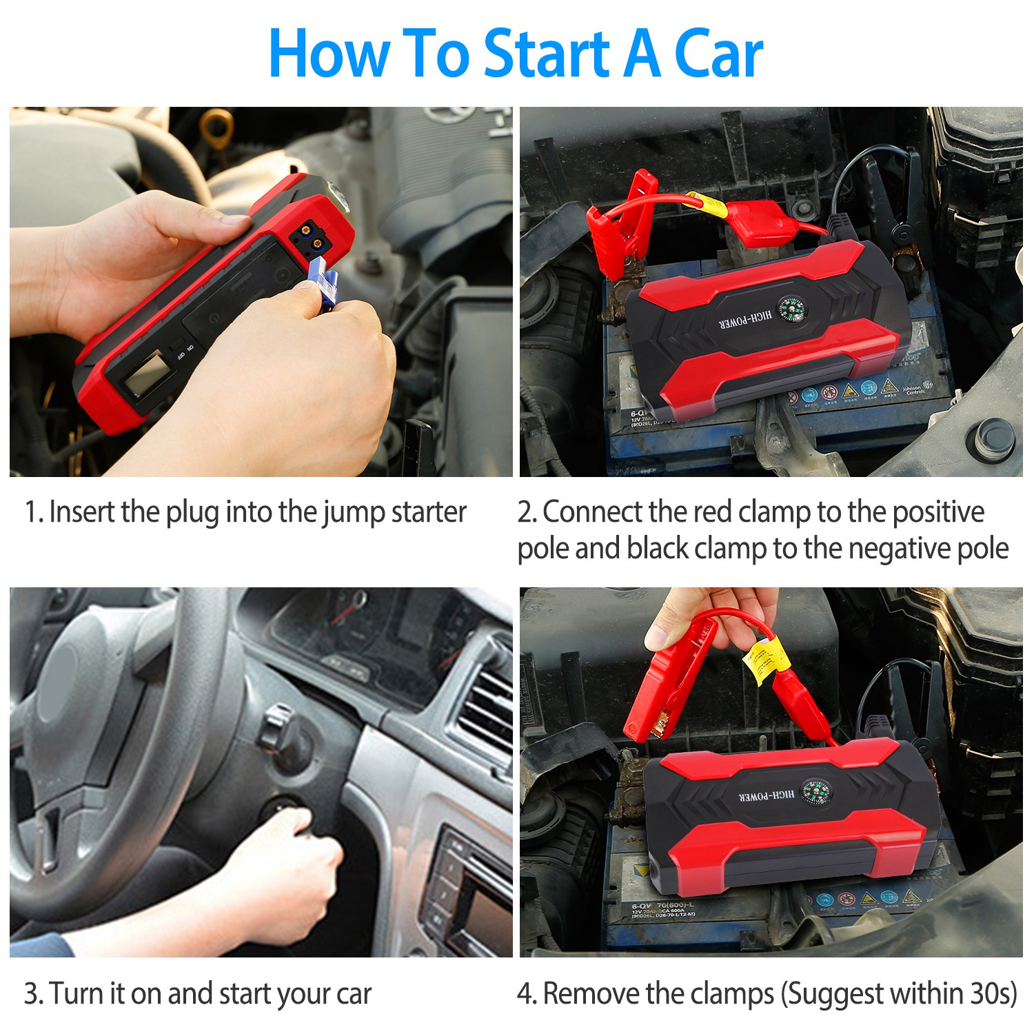 Car Jump Starter Booster 800A Peak 28000mAh 12V Battery Charger Up To 6.0L Gas Or 3.0L Diesel Engine With LCD Screen 4 Modes LED Flashlight — foto 3