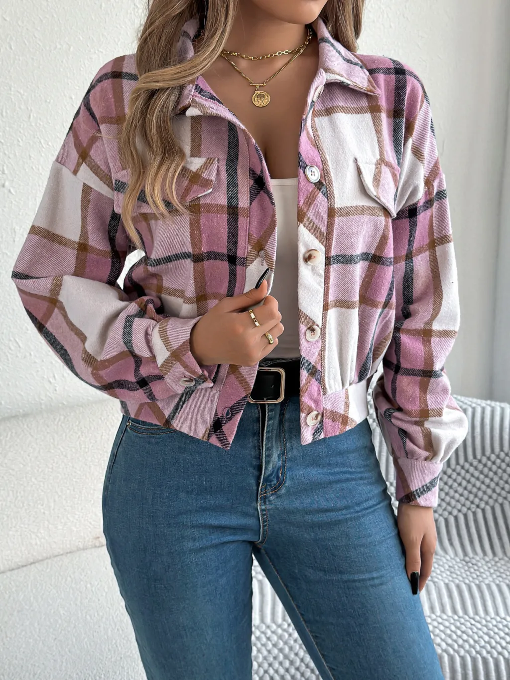 European & American Casual Plaid Faux Pocket Long Sleeve Wool Jacket - Pink